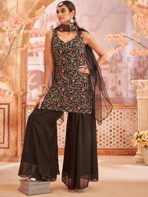 Women Floral Embroidered Regular Thread Work Kurta with Sharara & With Dupatta 5
