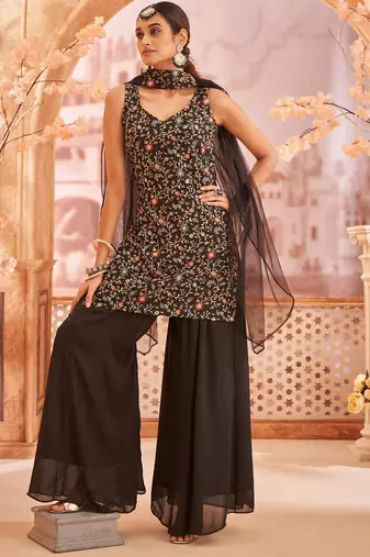 Women Floral Embroidered Regular Thread Work Kurta with Sharara & With Dupatta