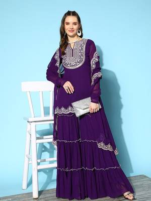 Purple colour Ethnic Motifs Embroidered Thread Work Kurti With Sharara & With Dupatta 1