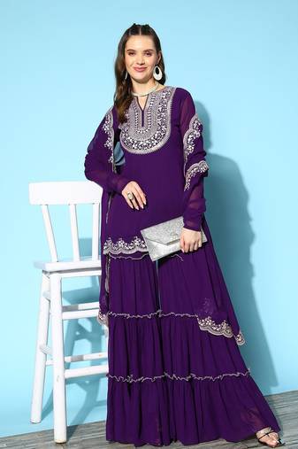Purple colour Ethnic Motifs Embroidered Thread Work Kurti With Sharara & With Dupatta