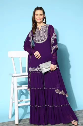 Purple colour Ethnic Motifs Embroidered Thread Work Kurti With Sharara & With Dupatta