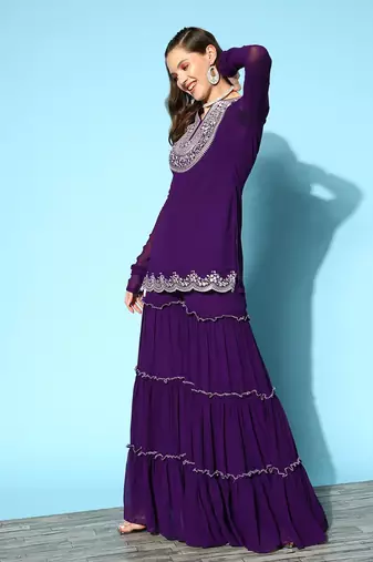 Purple colour Ethnic Motifs Embroidered Thread Work Kurti With Sharara & With Dupatta