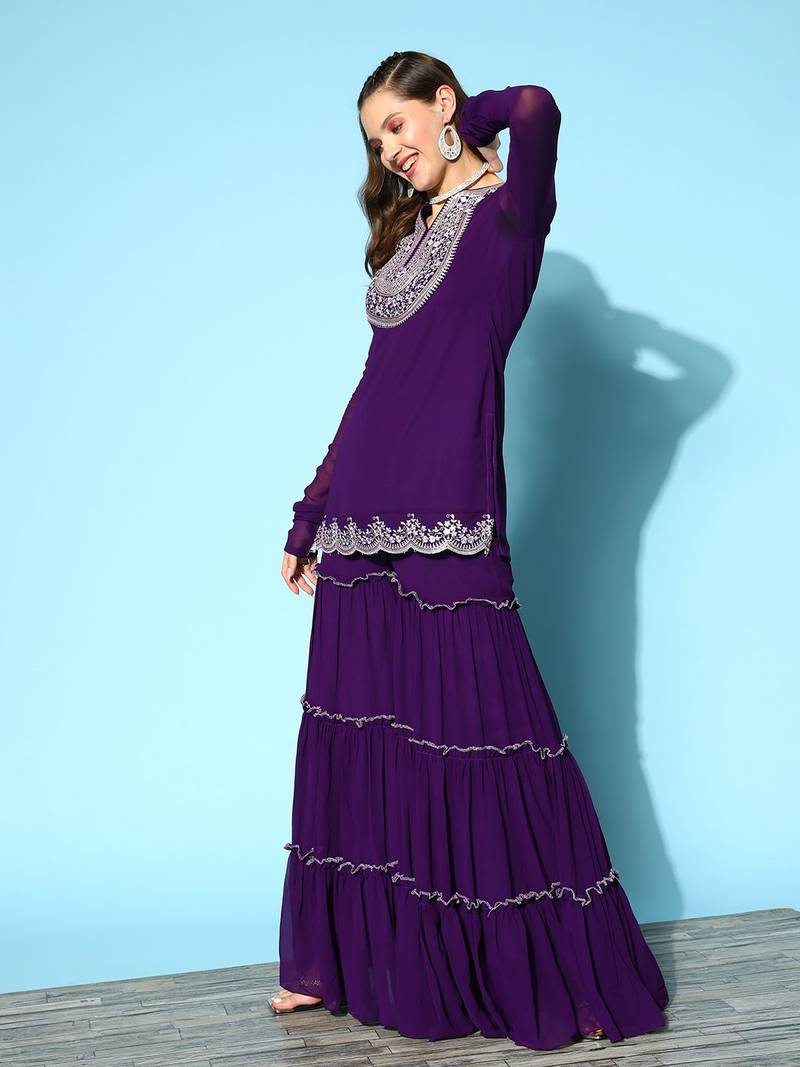 Purple colour Ethnic Motifs Embroidered Thread Work Kurti With Sharara & With Dupatta