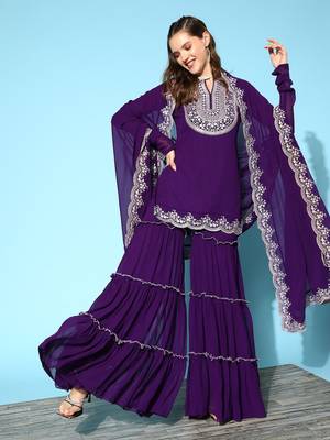 Purple colour Ethnic Motifs Embroidered Thread Work Kurti With Sharara & With Dupatta 3