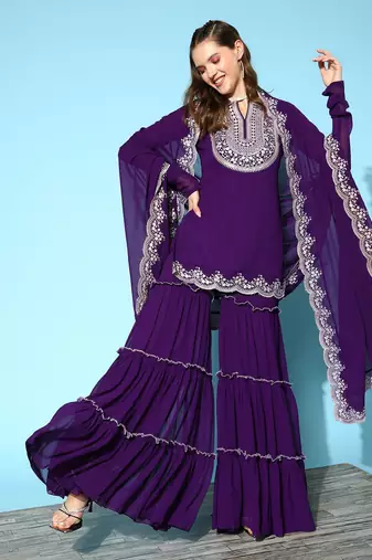 Purple colour Ethnic Motifs Embroidered Thread Work Kurti With Sharara & With Dupatta