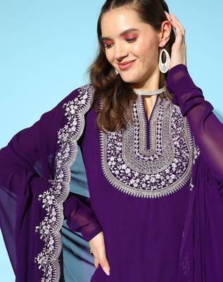 Purple colour Ethnic Motifs Embroidered Thread Work Kurti With Sharara & With Dupatta 4