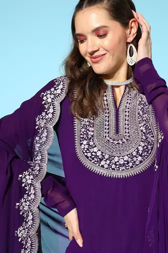 Purple colour Ethnic Motifs Embroidered Thread Work Kurti With Sharara & With Dupatta
