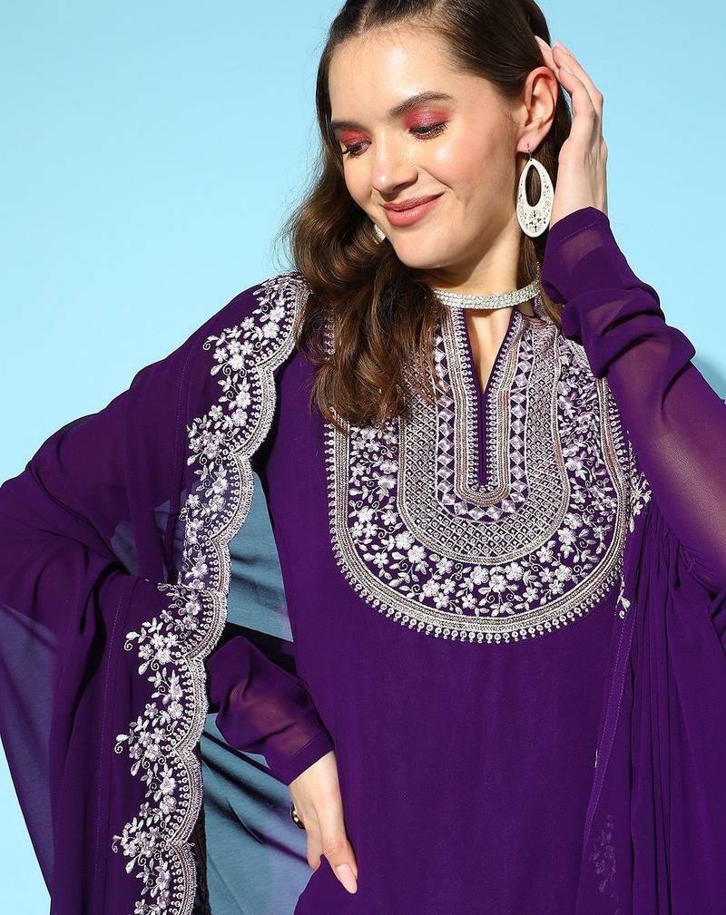 Purple colour Ethnic Motifs Embroidered Thread Work Kurti With Sharara & With Dupatta