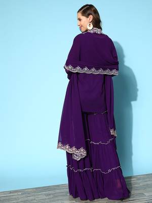 Purple colour Ethnic Motifs Embroidered Thread Work Kurti With Sharara & With Dupatta 5