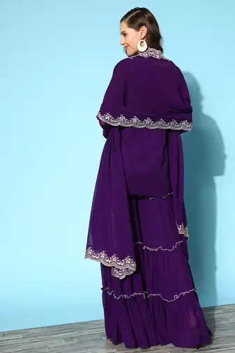 Purple colour Ethnic Motifs Embroidered Thread Work Kurti With Sharara & With Dupatta