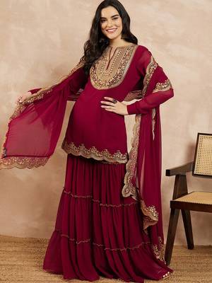 Marron & Gold Toned Yoke Design Embroidered Straight Kurta With Sharara & Dupatta 1