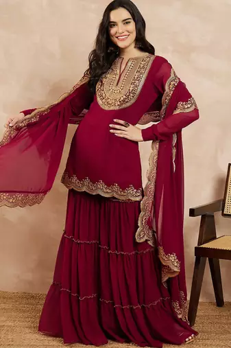 Marron & Gold Toned Yoke Design Embroidered Straight Kurta With Sharara & Dupatta