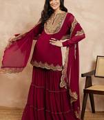 Marron & Gold Toned Yoke Design Embroidered Straight Kurta With Sharara & Dupatta