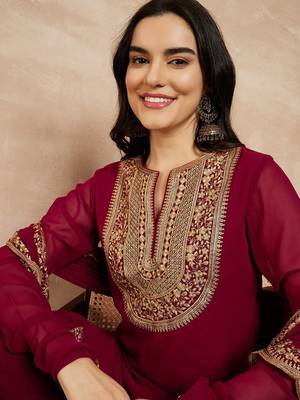 Marron & Gold Toned Yoke Design Embroidered Straight Kurta With Sharara & Dupatta 2