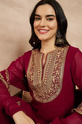 Marron & Gold Toned Yoke Design Embroidered Straight Kurta With Sharara & Dupatta