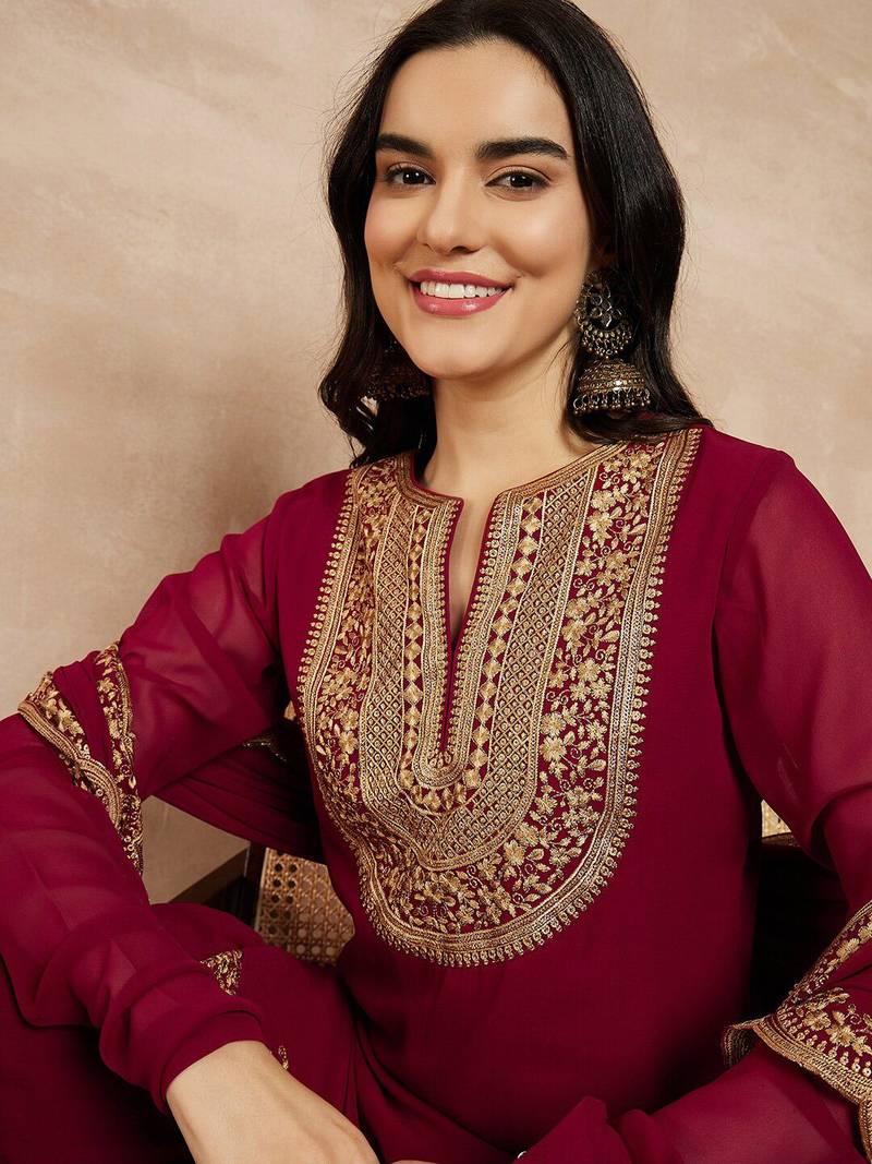 Marron & Gold Toned Yoke Design Embroidered Straight Kurta With Sharara & Dupatta