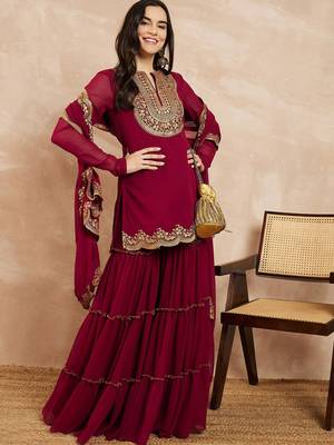 Marron & Gold Toned Yoke Design Embroidered Straight Kurta With Sharara & Dupatta 4