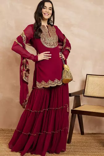 Marron & Gold Toned Yoke Design Embroidered Straight Kurta With Sharara & Dupatta