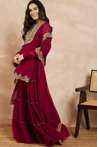 Marron & Gold Toned Yoke Design Embroidered Straight Kurta With Sharara & Dupatta