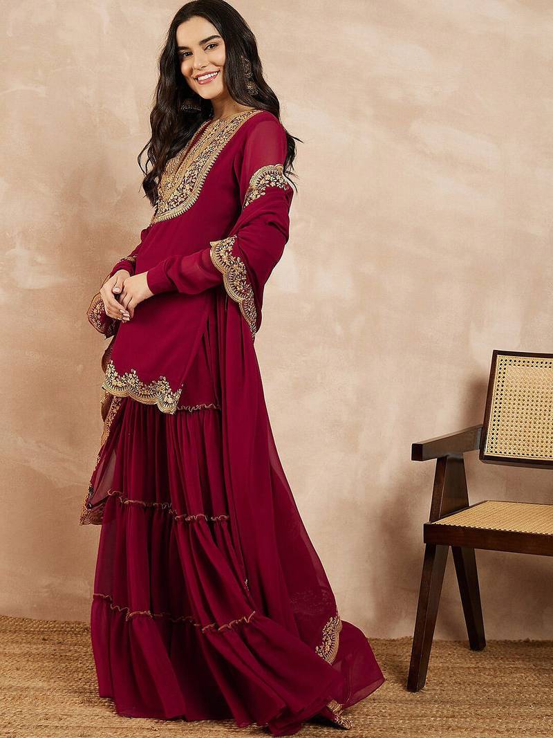 Marron & Gold Toned Yoke Design Embroidered Straight Kurta With Sharara & Dupatta