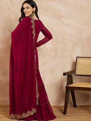 Marron & Gold Toned Yoke Design Embroidered Straight Kurta With Sharara & Dupatta 6