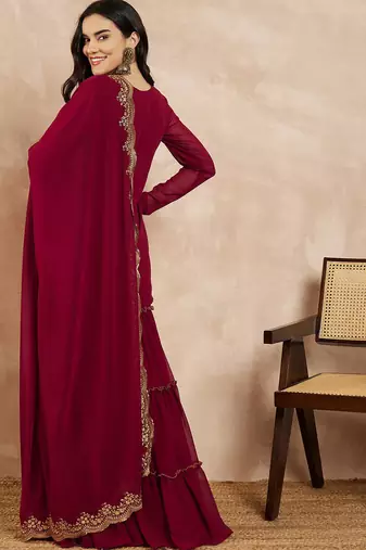 Marron & Gold Toned Yoke Design Embroidered Straight Kurta With Sharara & Dupatta