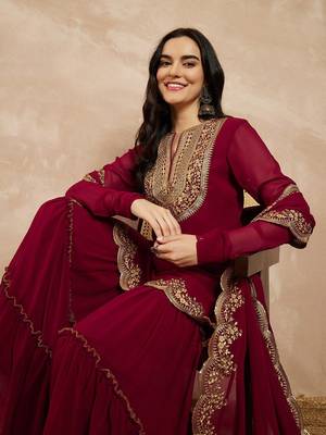 Marron & Gold Toned Yoke Design Embroidered Straight Kurta With Sharara & Dupatta 7