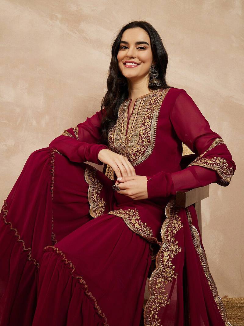 Marron & Gold Toned Yoke Design Embroidered Straight Kurta With Sharara & Dupatta