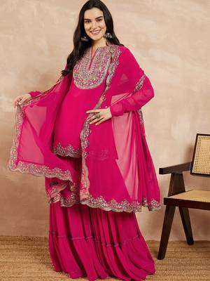 Pink & Gold Toned Yoke Design Embroidered Straight Kurta With Sharara & Dupatta 1
