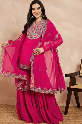 Pink & Gold Toned Yoke Design Embroidered Straight Kurta With Sharara & Dupatta