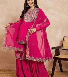 Pink & Gold Toned Yoke Design Embroidered Straight Kurta With Sharara & Dupatta