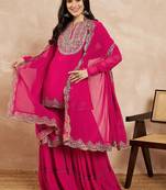 Pink & Gold Toned Yoke Design Embroidered Straight Kurta With Sharara & Dupatta