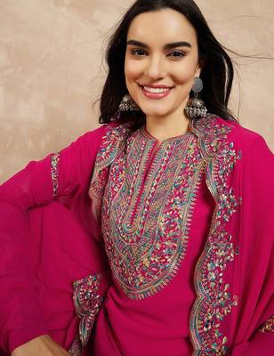 Pink & Gold Toned Yoke Design Embroidered Straight Kurta With Sharara & Dupatta 2