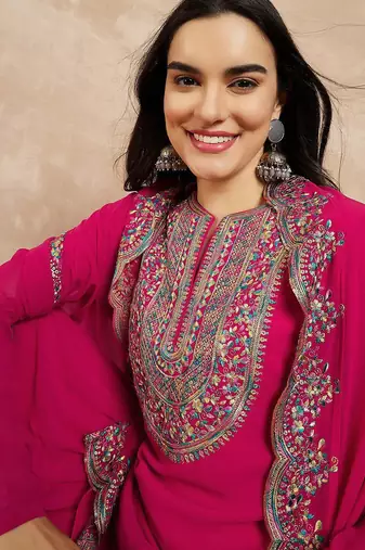 Pink & Gold Toned Yoke Design Embroidered Straight Kurta With Sharara & Dupatta
