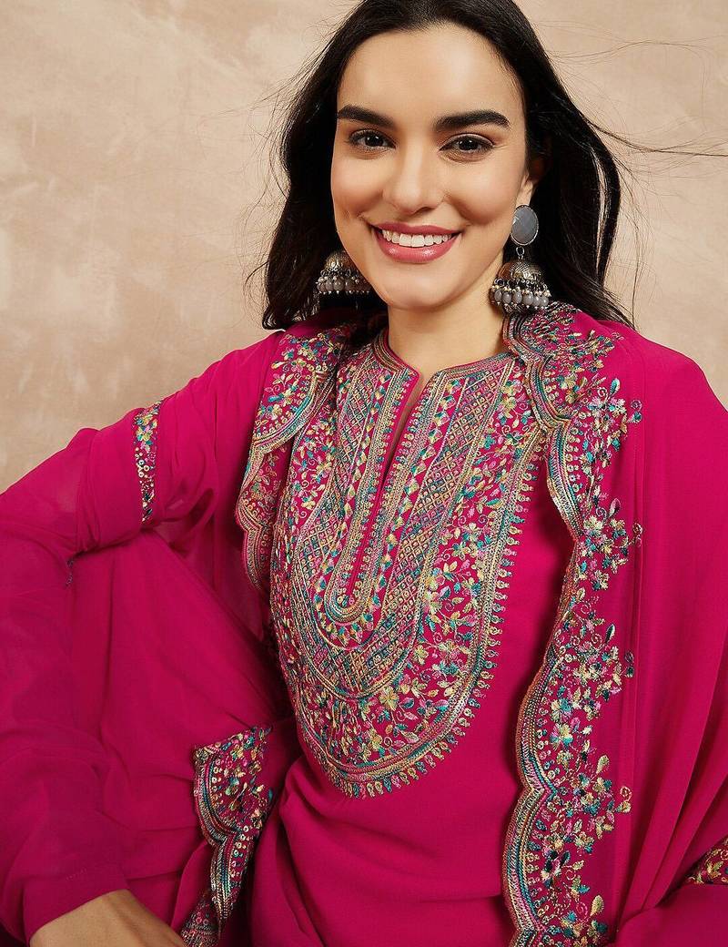 Pink & Gold Toned Yoke Design Embroidered Straight Kurta With Sharara & Dupatta