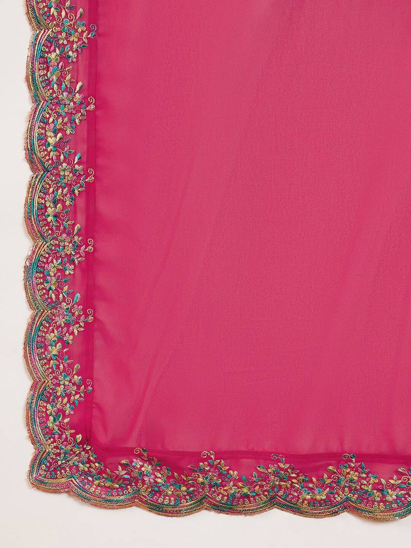 Pink & Gold Toned Yoke Design Embroidered Straight Kurta With Sharara & Dupatta
