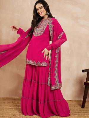 Pink & Gold Toned Yoke Design Embroidered Straight Kurta With Sharara & Dupatta 4