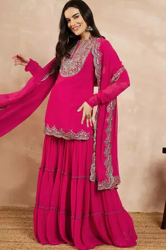 Pink & Gold Toned Yoke Design Embroidered Straight Kurta With Sharara & Dupatta