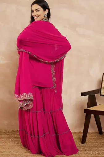 Pink & Gold Toned Yoke Design Embroidered Straight Kurta With Sharara & Dupatta