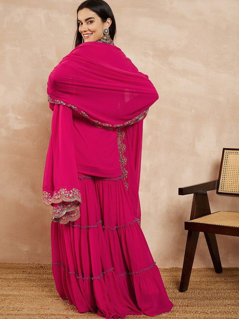 Pink & Gold Toned Yoke Design Embroidered Straight Kurta With Sharara & Dupatta