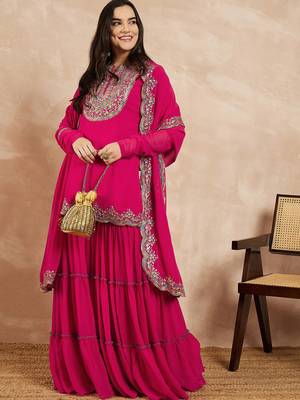 Pink & Gold Toned Yoke Design Embroidered Straight Kurta With Sharara & Dupatta 6