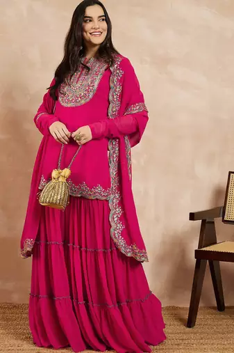 Pink & Gold Toned Yoke Design Embroidered Straight Kurta With Sharara & Dupatta