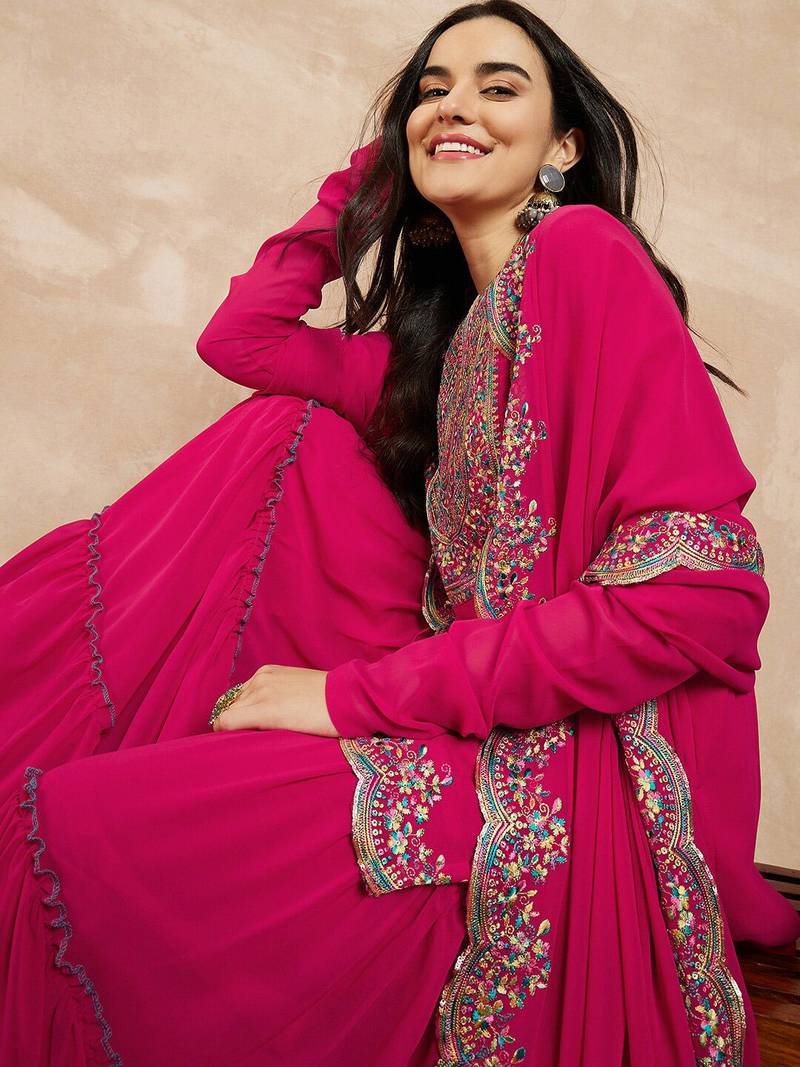 Pink & Gold Toned Yoke Design Embroidered Straight Kurta With Sharara & Dupatta