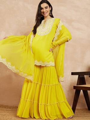 Yellow & Gold Toned Yoke Design Embroidered Straight Kurta With Sharara & Dupatta 1
