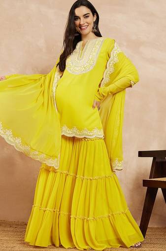 Yellow & Gold Toned Yoke Design Embroidered Straight Kurta With Sharara & Dupatta