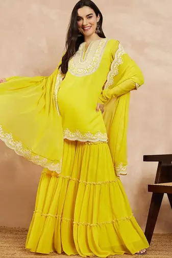 Yellow & Gold Toned Yoke Design Embroidered Straight Kurta With Sharara & Dupatta