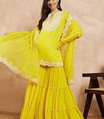 Yellow & Gold Toned Yoke Design Embroidered Straight Kurta With Sharara & Dupatta