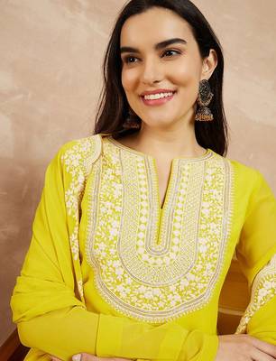 Yellow & Gold Toned Yoke Design Embroidered Straight Kurta With Sharara & Dupatta 2