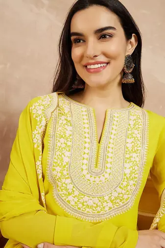 Yellow & Gold Toned Yoke Design Embroidered Straight Kurta With Sharara & Dupatta