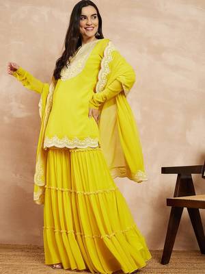 Yellow & Gold Toned Yoke Design Embroidered Straight Kurta With Sharara & Dupatta 4